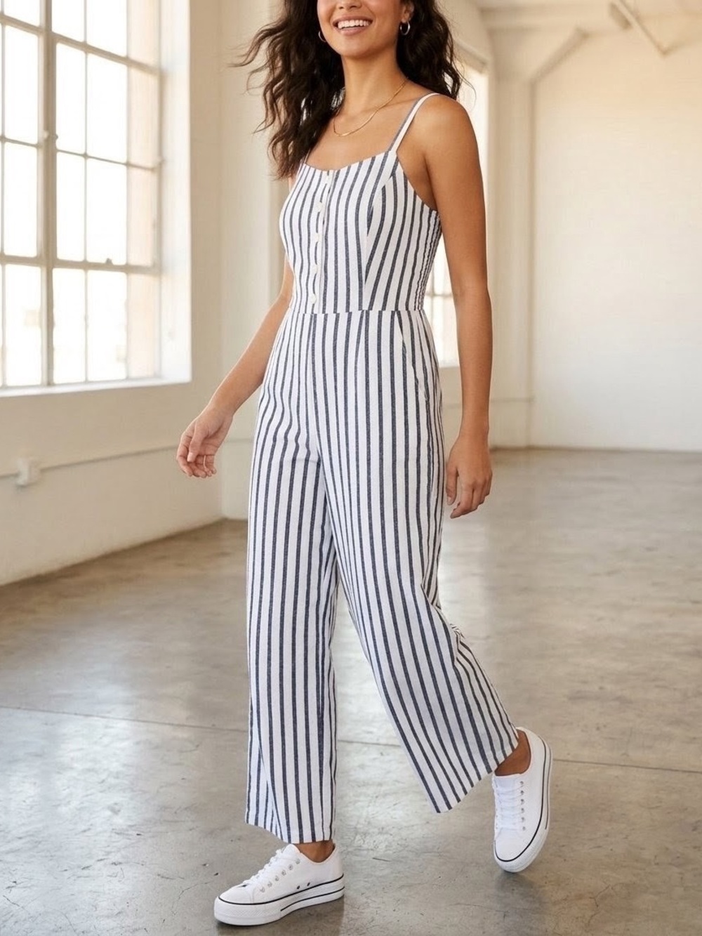 Old Navy Nautical Wide-Leg Jumpsuit Smocked Back Navy & White Striped Size XL